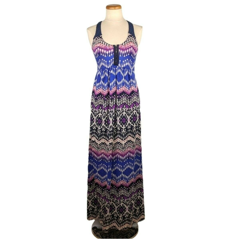 Lucky Brand Racerback Boho Beach Summer Maxi Dress Size M Crochet Blue Purple